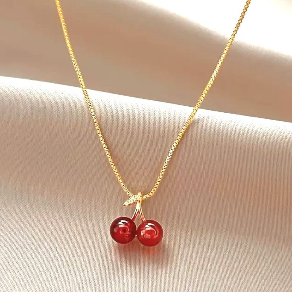 Necklace Cherry Bomb Charm Sweet Rhinestone Minimalist Pendant Gold Chain Trendy
